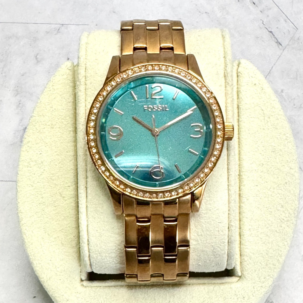 Fossil Women’s Gold Tone Quartz Watch Turquoise Tone Dial Rhinestone Bracelet